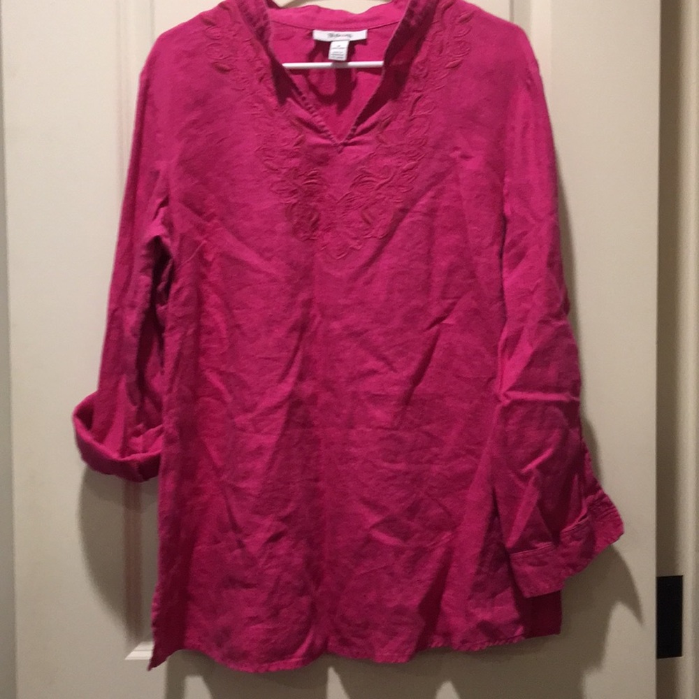 Style&Co womens 100% Linen tunic embroider top band collar long sleeve size 16
